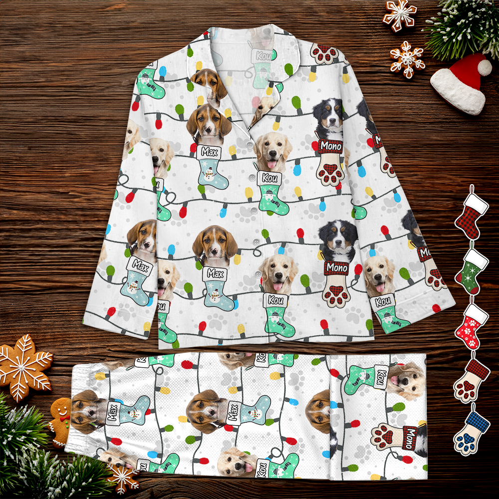 Pyjama Personnalisé avec Photo et Lumières de Noël - Ensemble de Pyjama Famille - Motif Lumières de Noël Assorti