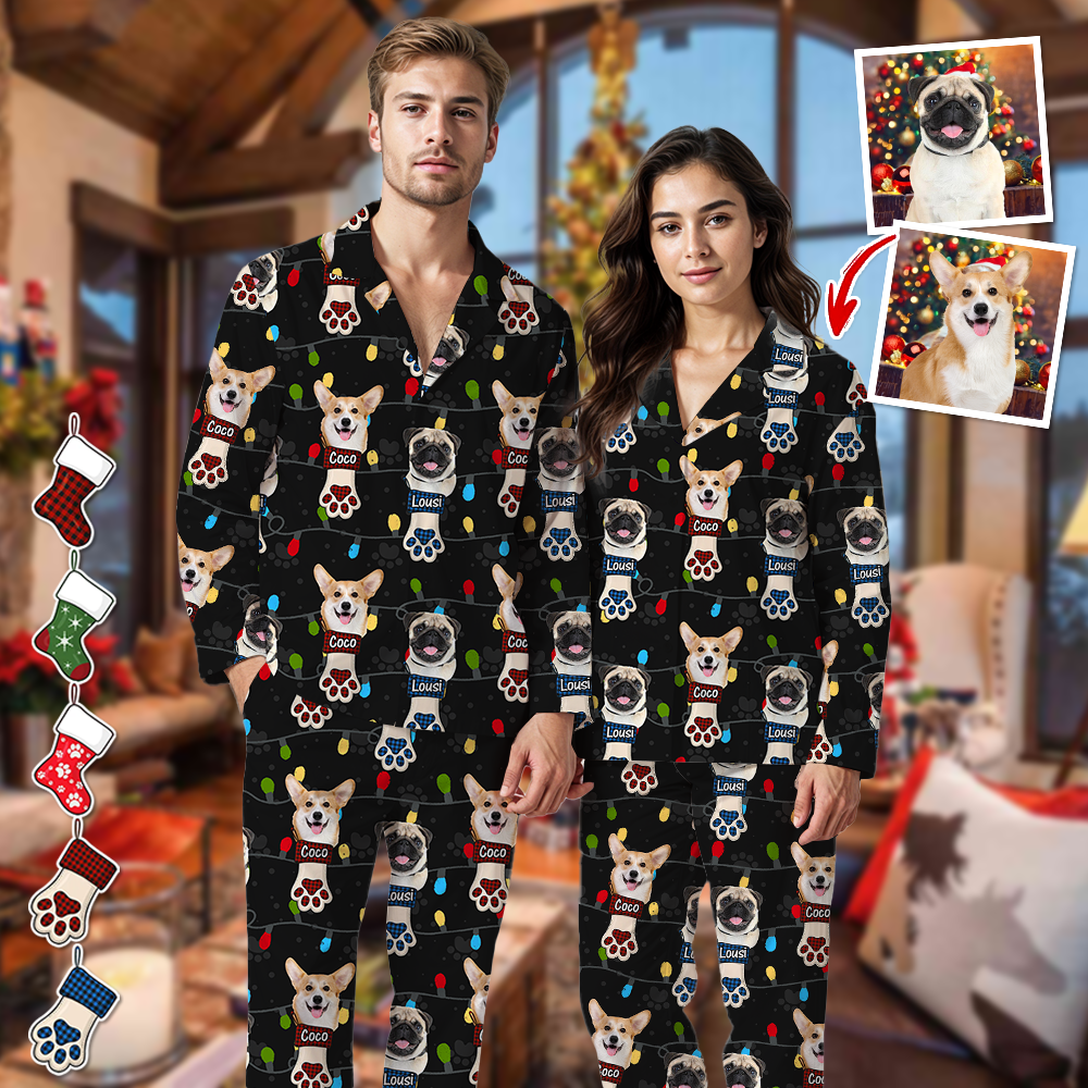 Pyjama Personnalisé avec Photo et Lumières de Noël - Ensemble de Pyjama Famille - Motif Lumières de Noël Assorti