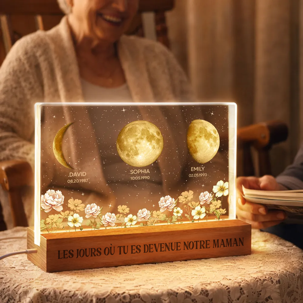 Le jour où tu es devenue notre maman – Veilleuse LED personnalisée – Phase de lune par date – Bloc acrylique – Fleurs de naissance