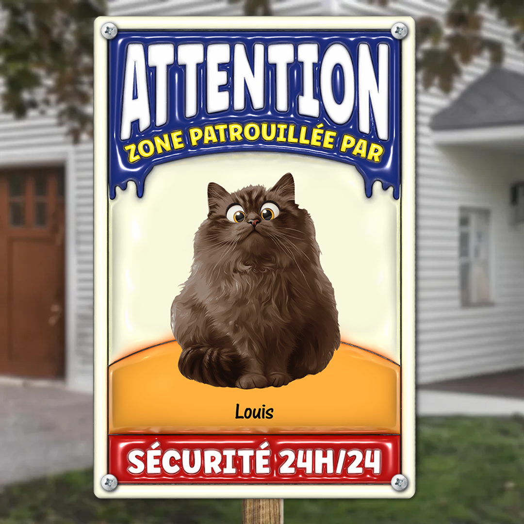 Attention Zone Patrouillée Par Chats Sécurité 24H/24 - Plaque En Métal Personnalisée