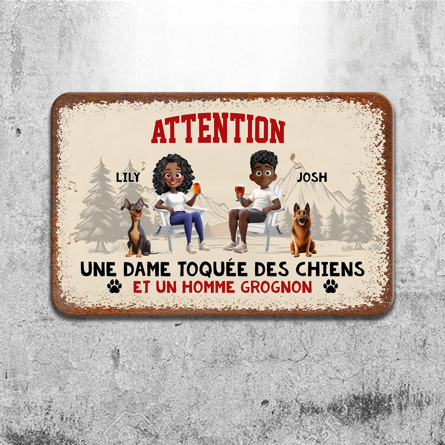 Attention, Une Dame Toquée Des Chiens – Plaque En Métal Personnalisée