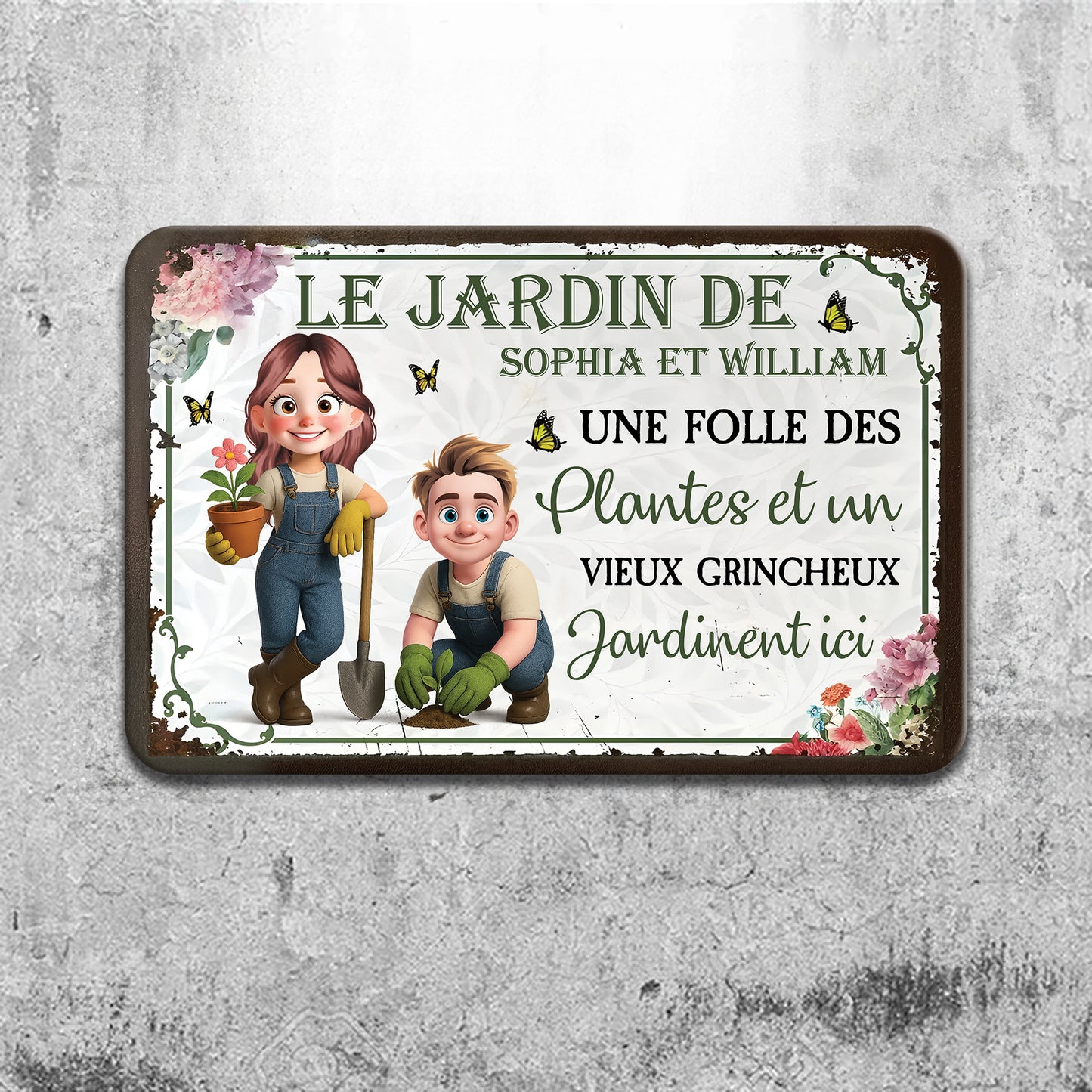 Une Folle Des Plantes et Un Vieux Grincheux – Plaque En Métal Personnalisée