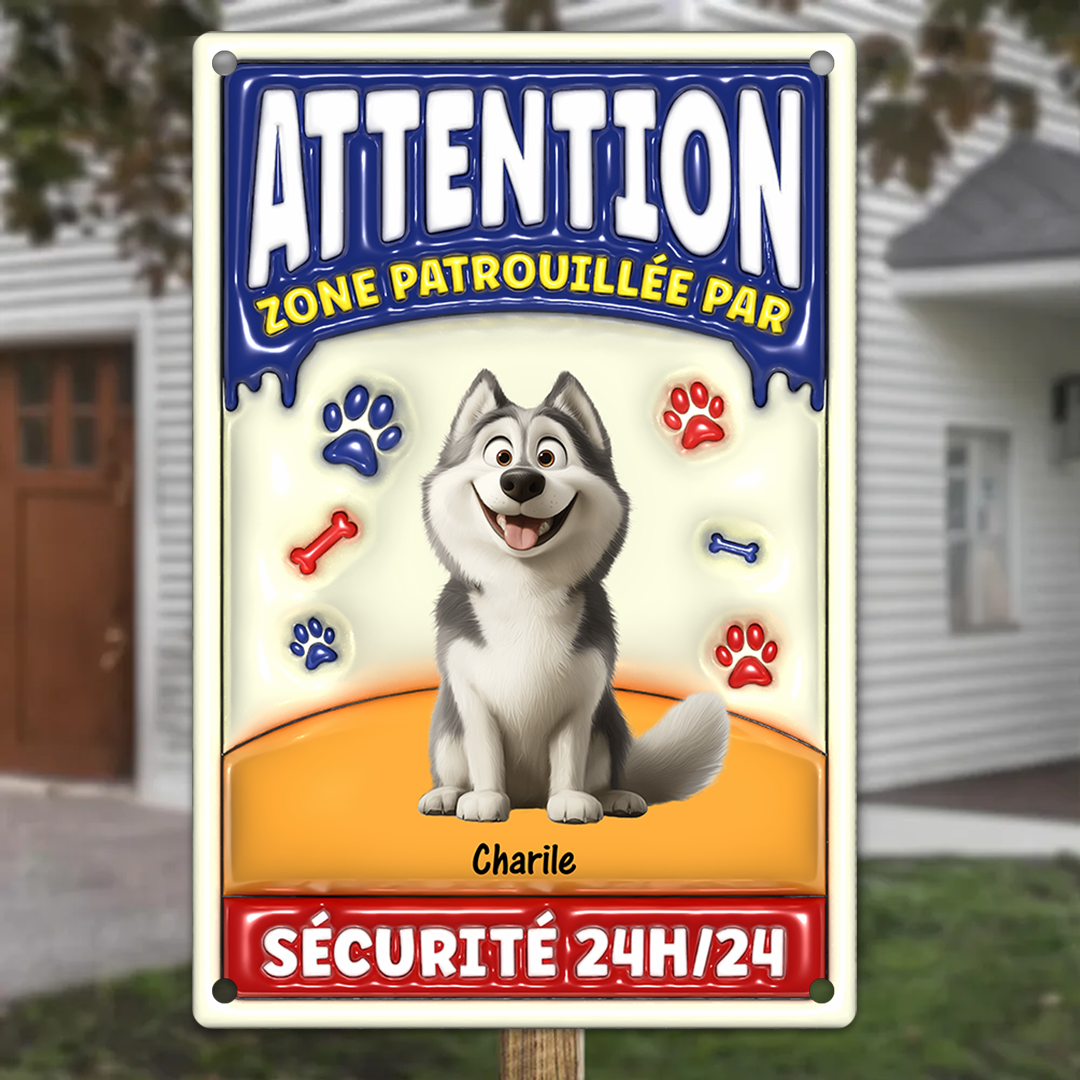 Attention Zone Patrouillée Par Chiens Sécurité 24H/24 - Plaque En Métal Personnalisée
