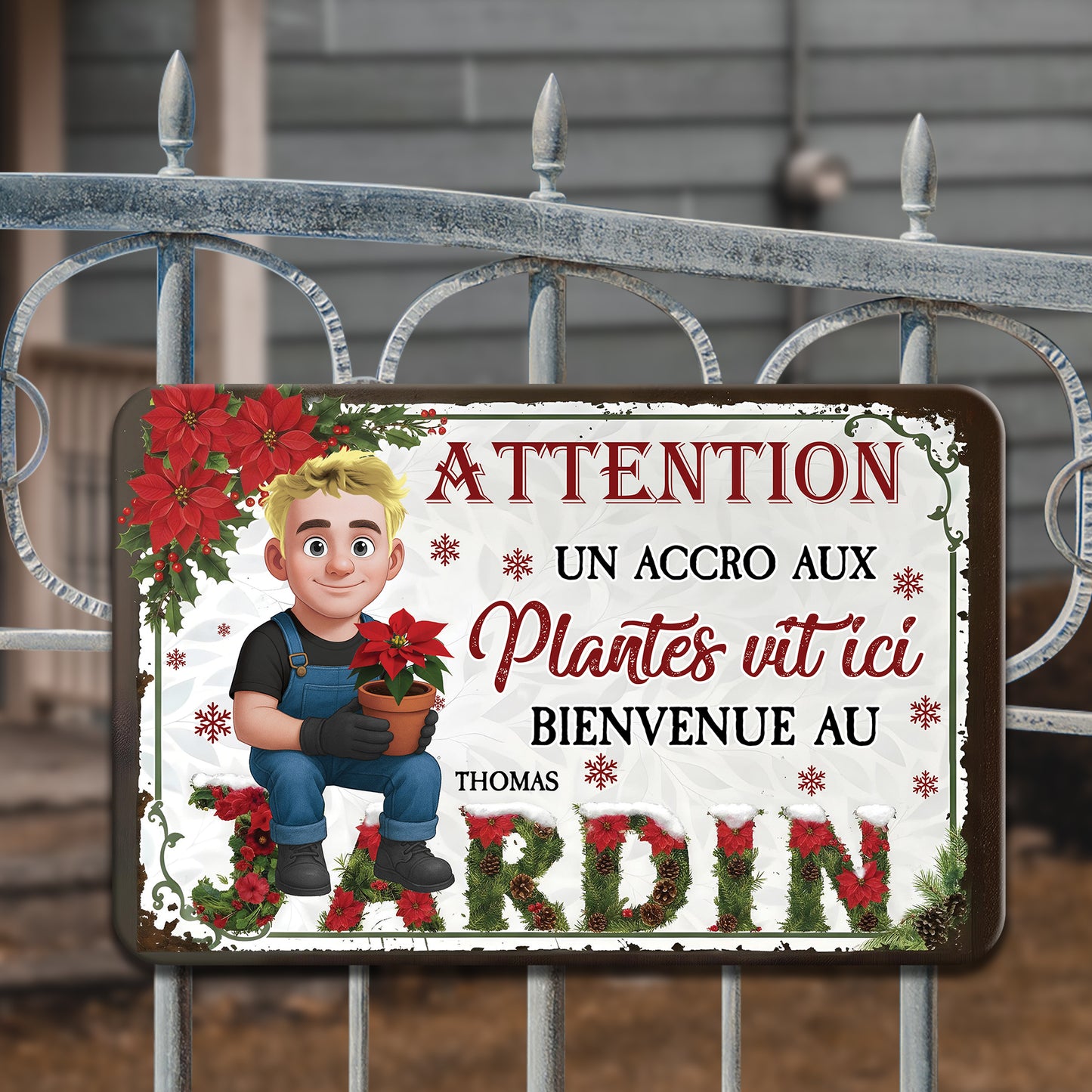 Attention ! Un Accro Aux Plantes Vit ici Bienvenue Au Jardin Noël – Plaque En Métal Personnalisée