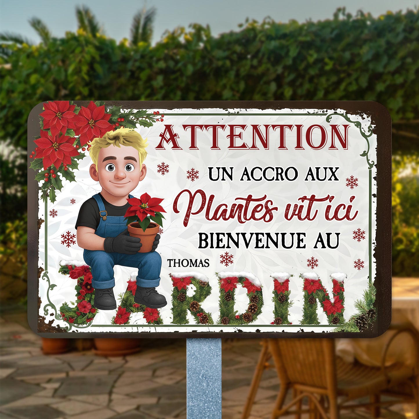 Attention ! Un Accro Aux Plantes Vit ici Bienvenue Au Jardin Noël – Plaque En Métal Personnalisée