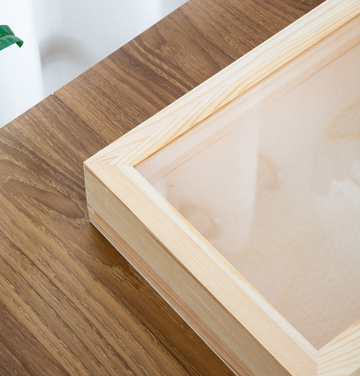 Cadre en bois avec vitre en acrylique transparente et porte à charnière – vitrine anti-poussière avec inscription en italique (boîte uniquement)