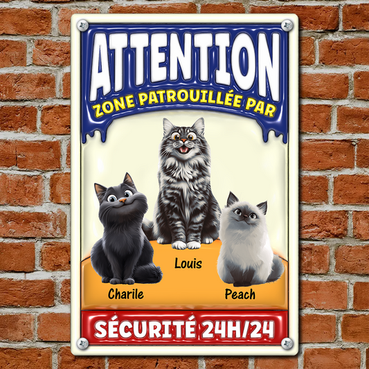 Attention Zone Patrouillée Par Chats Sécurité 24H/24 - Plaque En Métal Personnalisée