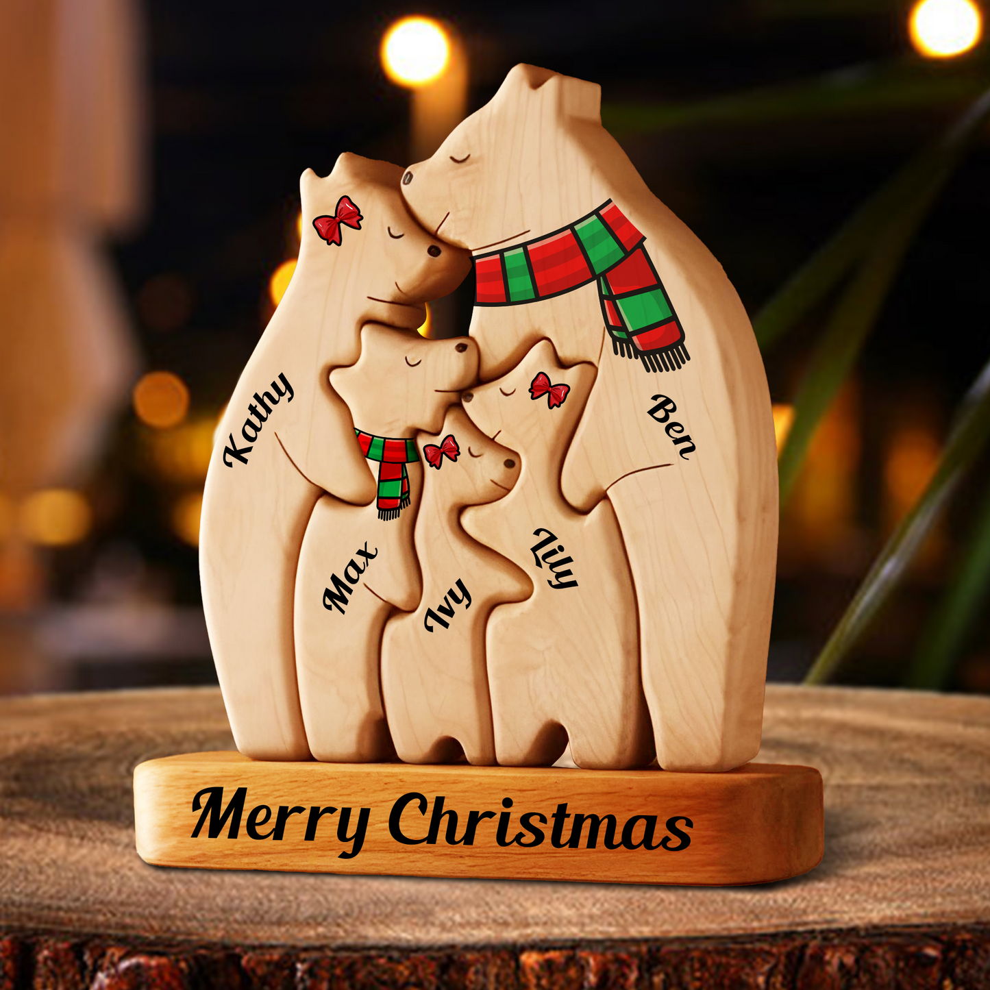 Puzzle De Famille D'Ours En Bois Personnalisé, Puzzle D'Ours en Bois avec Écharpe, Cadeaux Souvenirs de Famille pour Noël