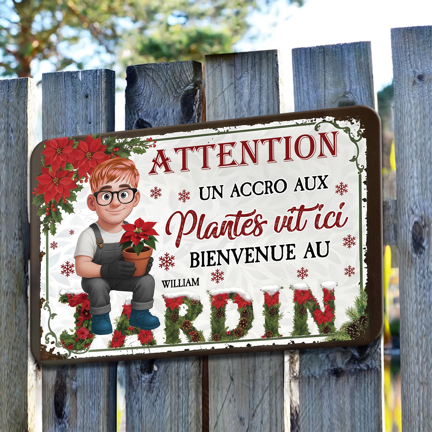 Attention ! Un Accro Aux Plantes Vit ici Bienvenue Au Jardin Noël – Plaque En Métal Personnalisée
