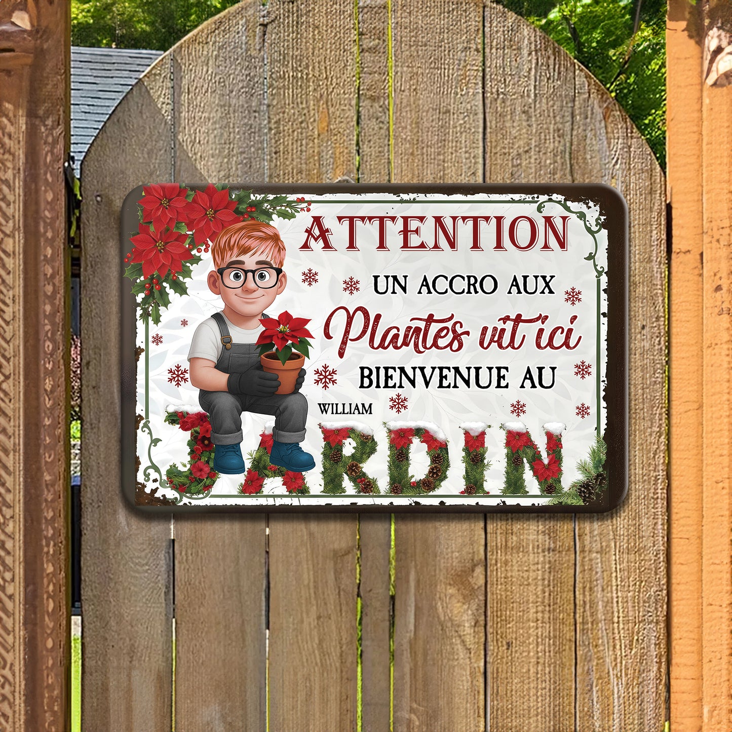 Attention ! Un Accro Aux Plantes Vit ici Bienvenue Au Jardin Noël – Plaque En Métal Personnalisée