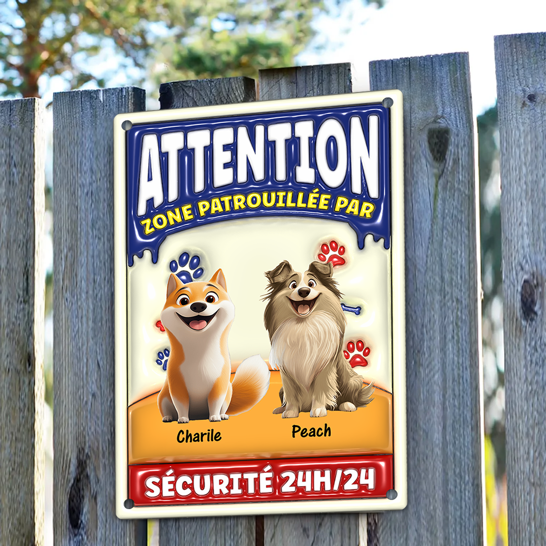 Attention Zone Patrouillée Par Chiens Sécurité 24H/24 - Plaque En Métal Personnalisée