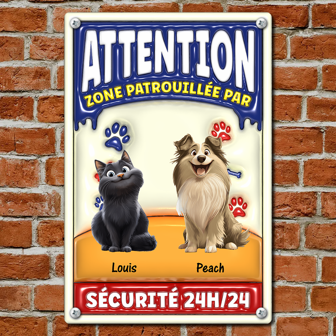 Attention Zone Patrouillée Par Chiens et Chats Sécurité 24H/24 - Plaque En Métal Personnalisée