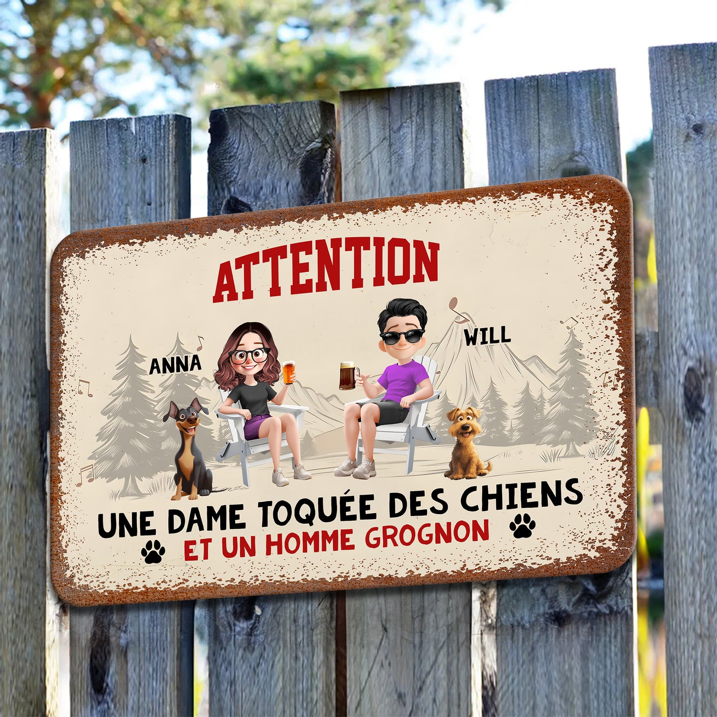 Attention, Une Dame Toquée Des Chiens – Plaque En Métal Personnalisée
