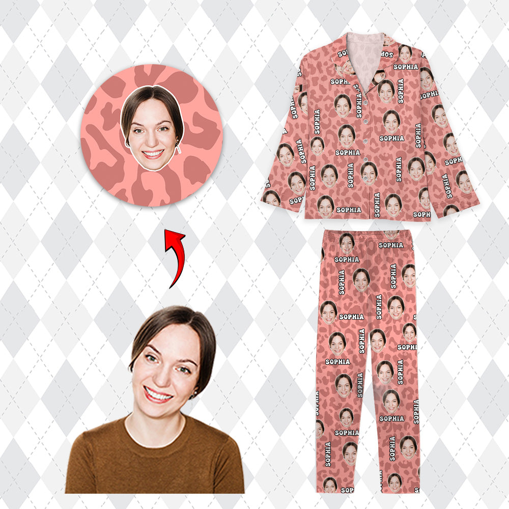 Ensemble de Pyjama à Motif Léopard Personnalisé avec Visage - Pyjama Imprimé Léopard Personnalisé avec Photo