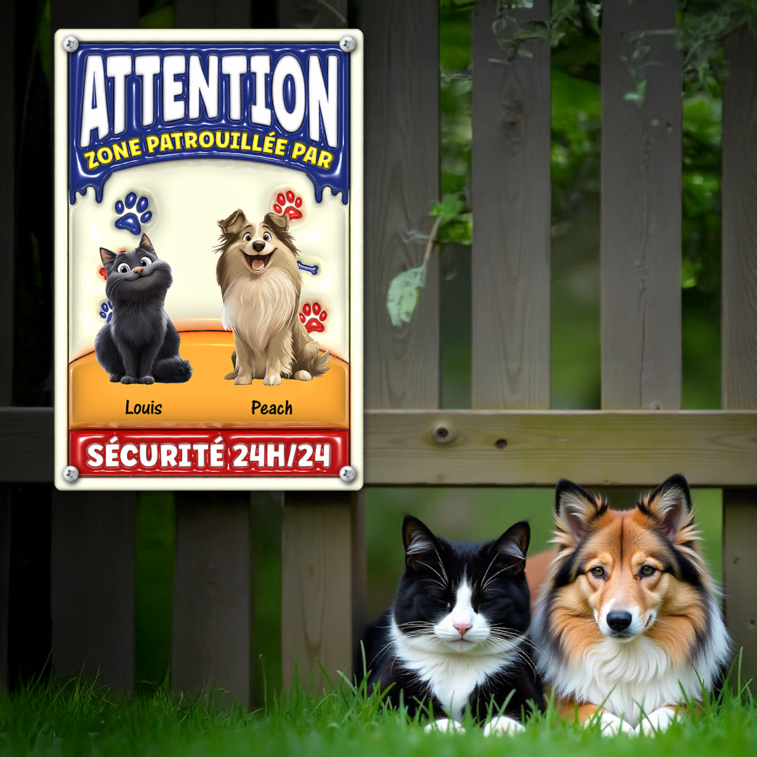 Attention Zone Patrouillée Par Chiens et Chats Sécurité 24H/24 - Plaque En Métal Personnalisée