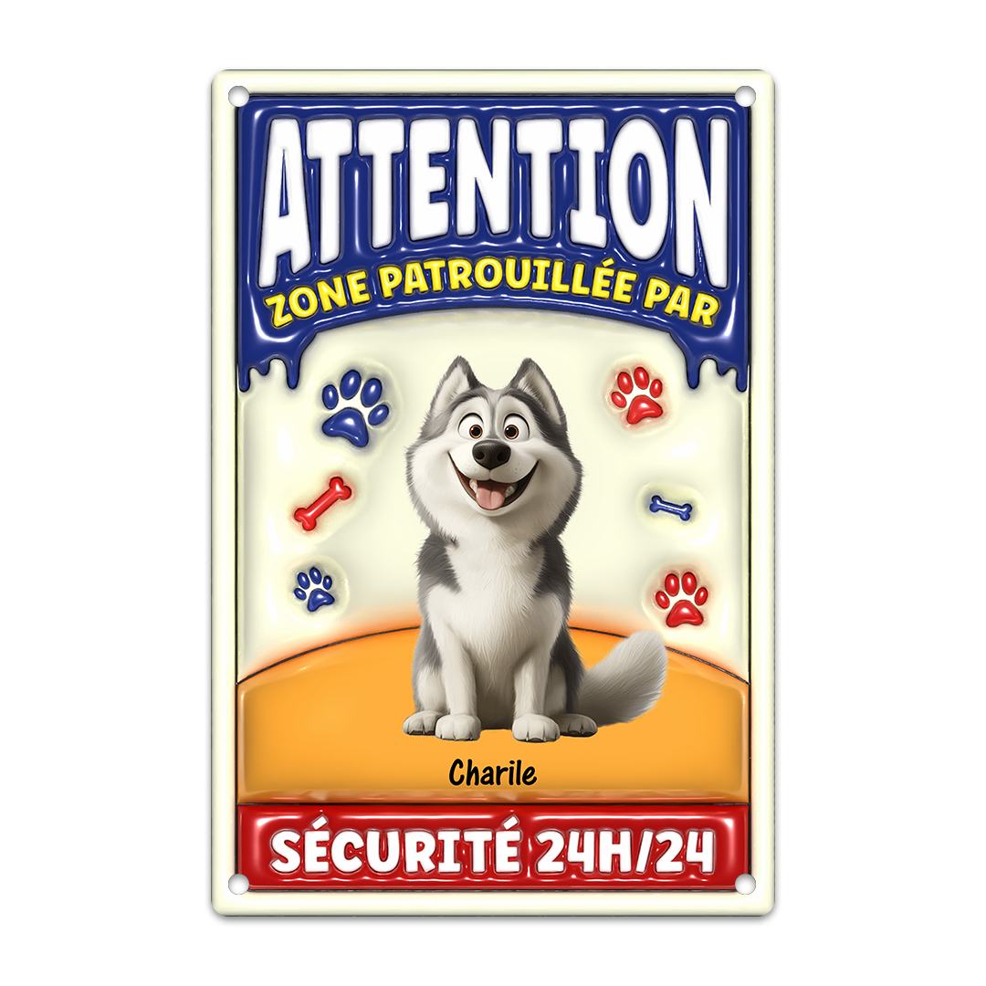 Attention Zone Patrouillée Par Chiens Sécurité 24H/24 - Plaque En Métal Personnalisée