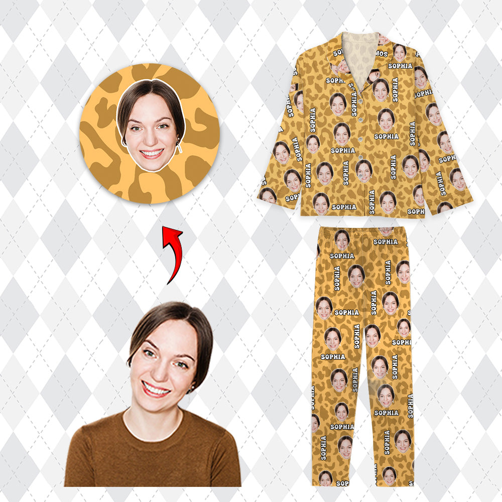 Ensemble de Pyjama à Motif Léopard Personnalisé avec Visage - Pyjama Imprimé Léopard Personnalisé avec Photo