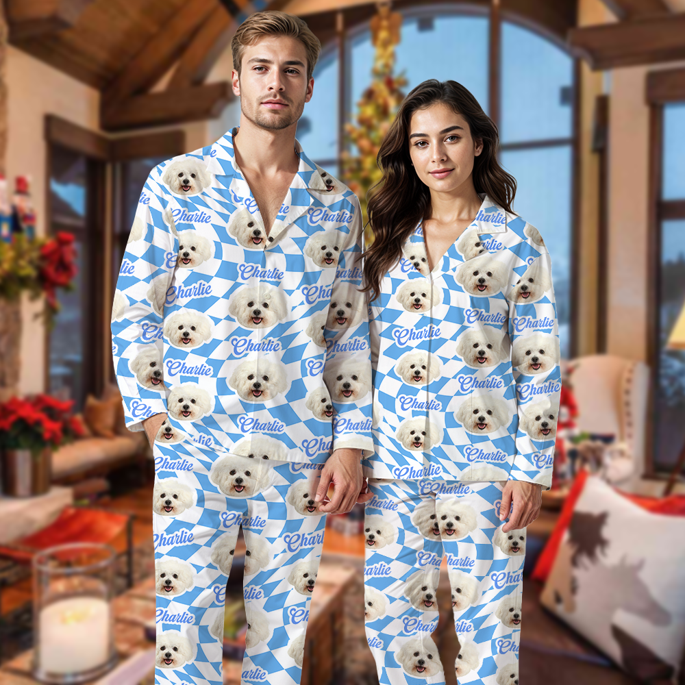 Ensemble de Pyjama de Noël à Motif Damier Vans Personnalisé - Pyjama Assorti Personnalisé pour Couple