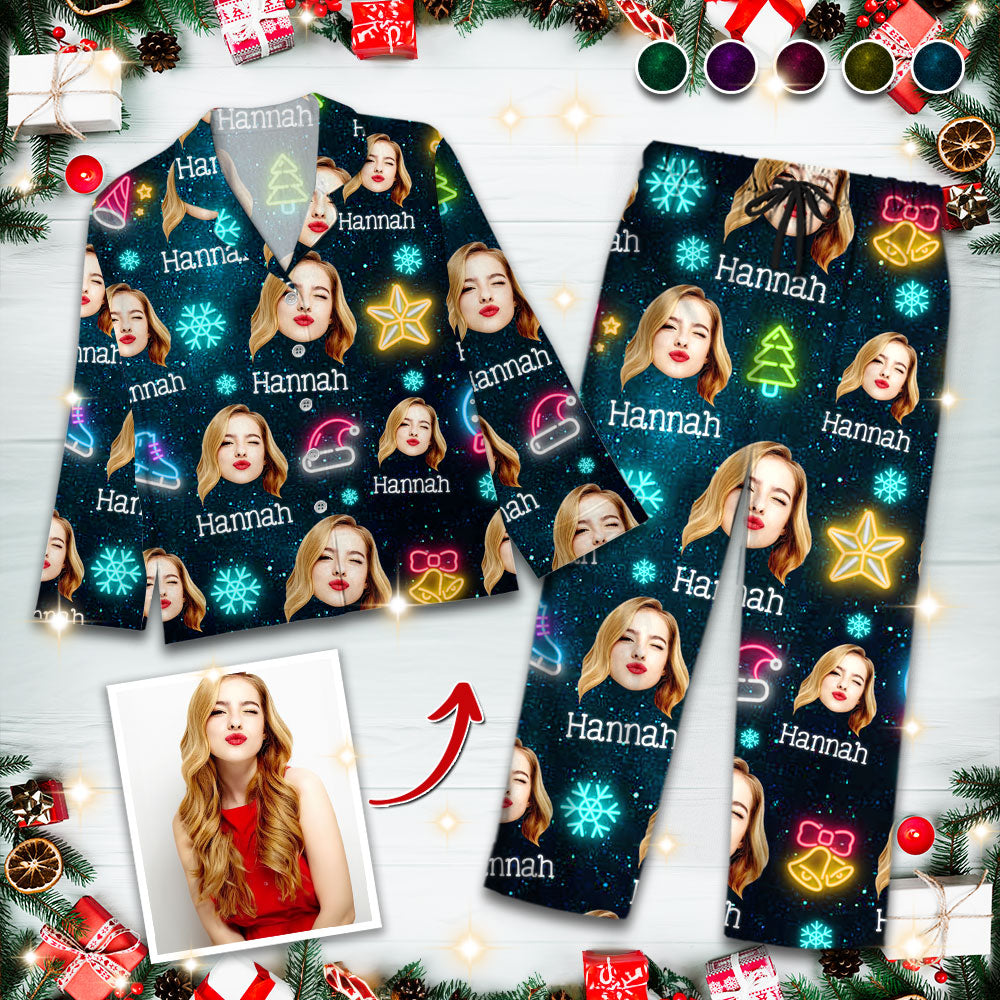 Ensemble de Pyjama de Noël Drôle avec Visage et Lumières - Pyjama de Noël Personnalisé avec Photo