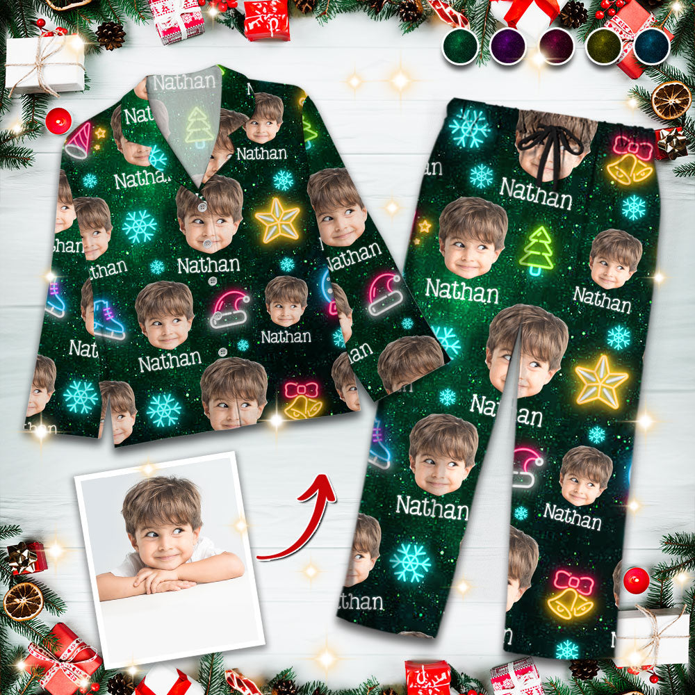 Ensemble de Pyjama de Noël Drôle avec Visage et Lumières - Pyjama de Noël Personnalisé avec Photo