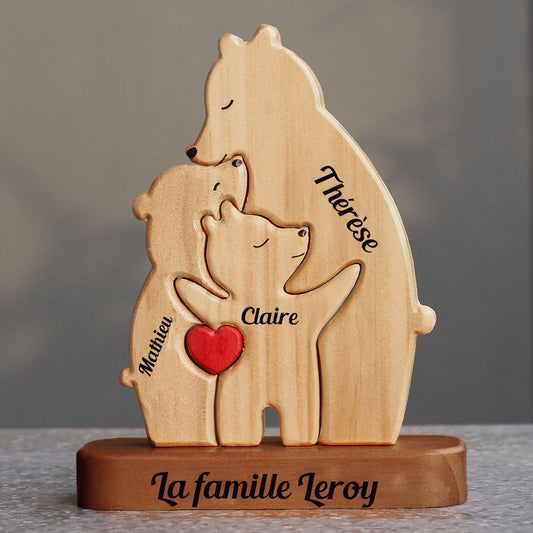Puzzle Personnalisé De Famille Monoparentale Avec Support -  Puzzle De Famille D'ours En Bois - Sculptures D'animaux En Bois