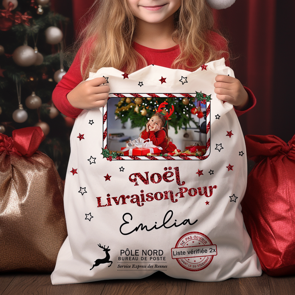 Hotte de Noël Livraison Spécial avec Paillettes - Hotte de Noël Personnalisée