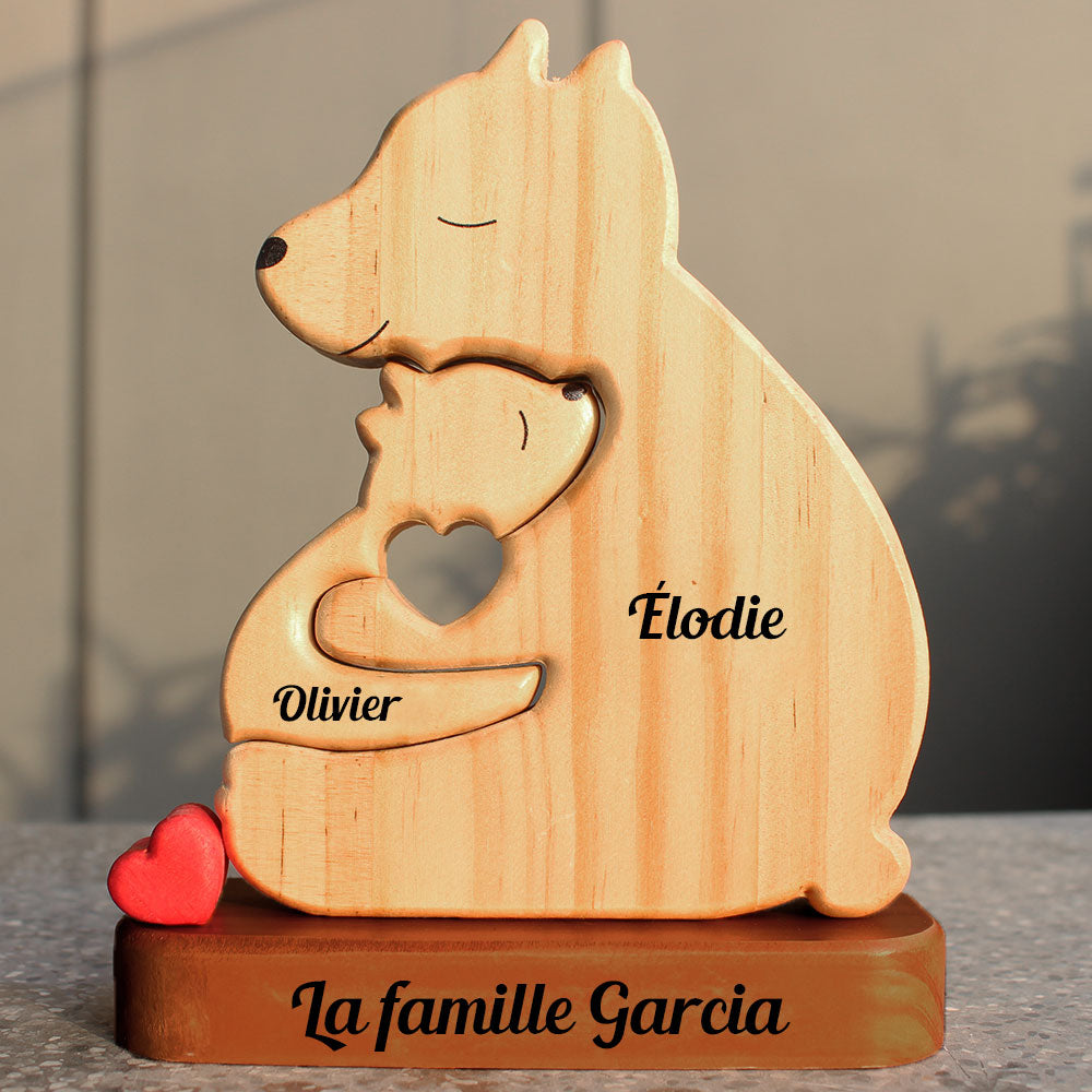 Puzzle Personnalisé De Famille Monoparentale Avec Support - Puzzle De Famille D'ours En Bois - Sculptures D'animaux En Bois