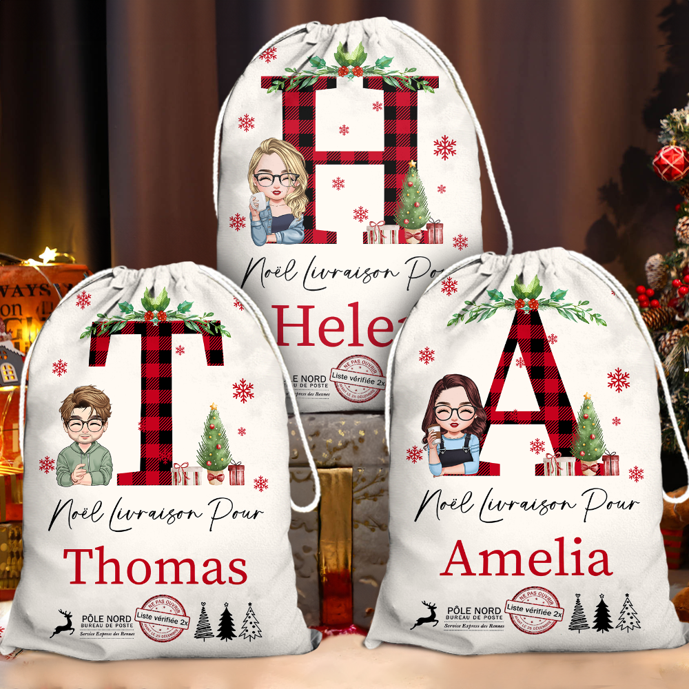 Hotte De Noël Personnalisée Avec Photo et Prénom - Sac Cadeau Noël - Hotte Du Père Noël Personnalisée