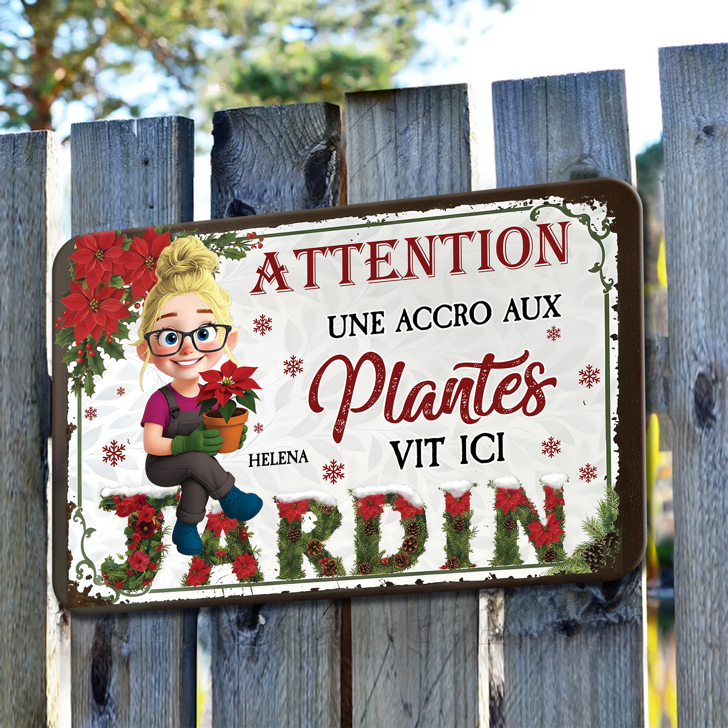 Attention ! Une Accro Aux Plantes Vit ici Bienvenue Au Jardin Noël – Plaque En Métal Personnalisée