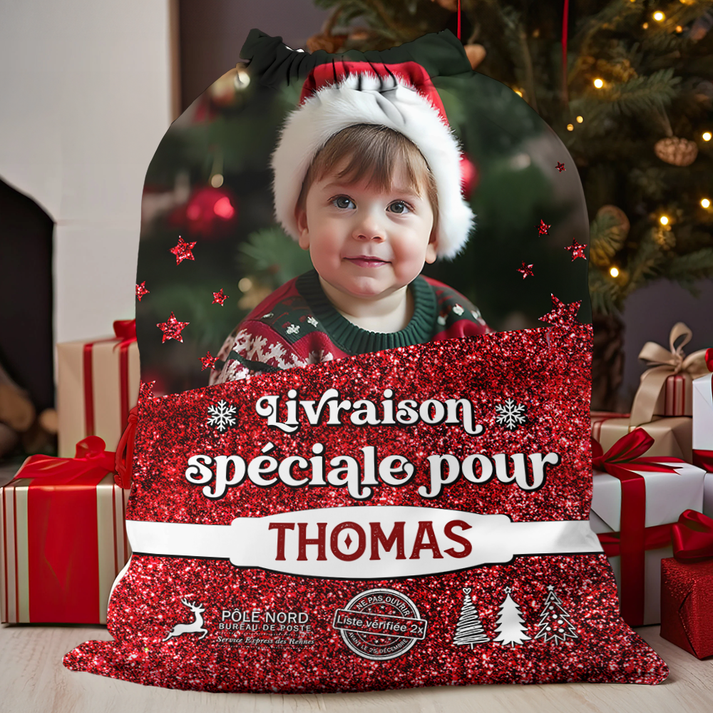 Hottes du Père Noël Personnalisées - Sac Cadeau de Noël Personnalisé avec Nom - Hotte Livraison du Père Noël