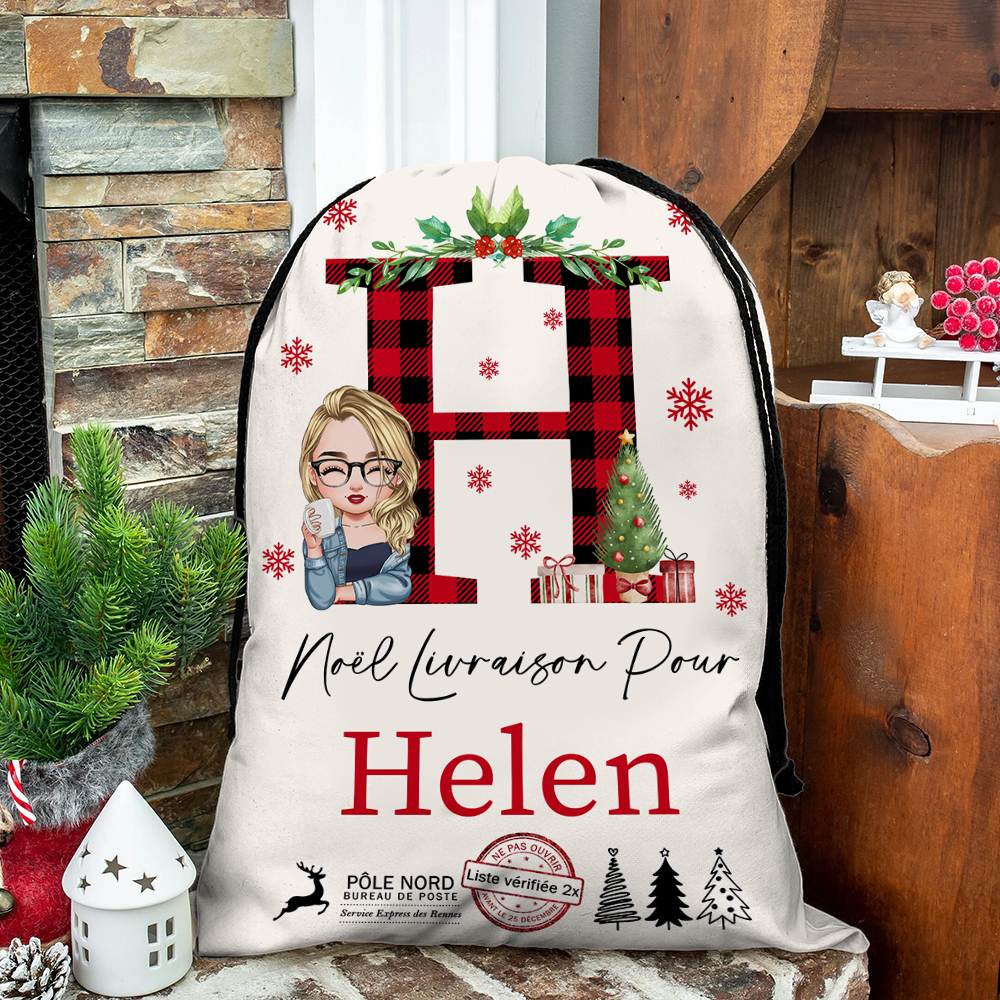 Hotte De Noël Personnalisée Avec Photo et Prénom - Sac Cadeau Noël - Hotte Du Père Noël Personnalisée