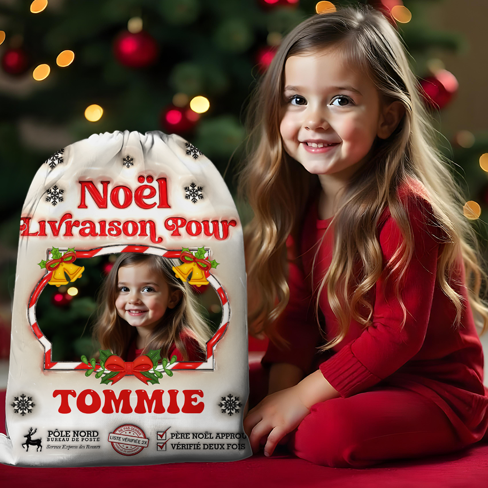Hotte De Noël - Hotte Du Père Noël Personnalisée avec Nom et Photo - Sac Cadeau Personnalisé de Noël