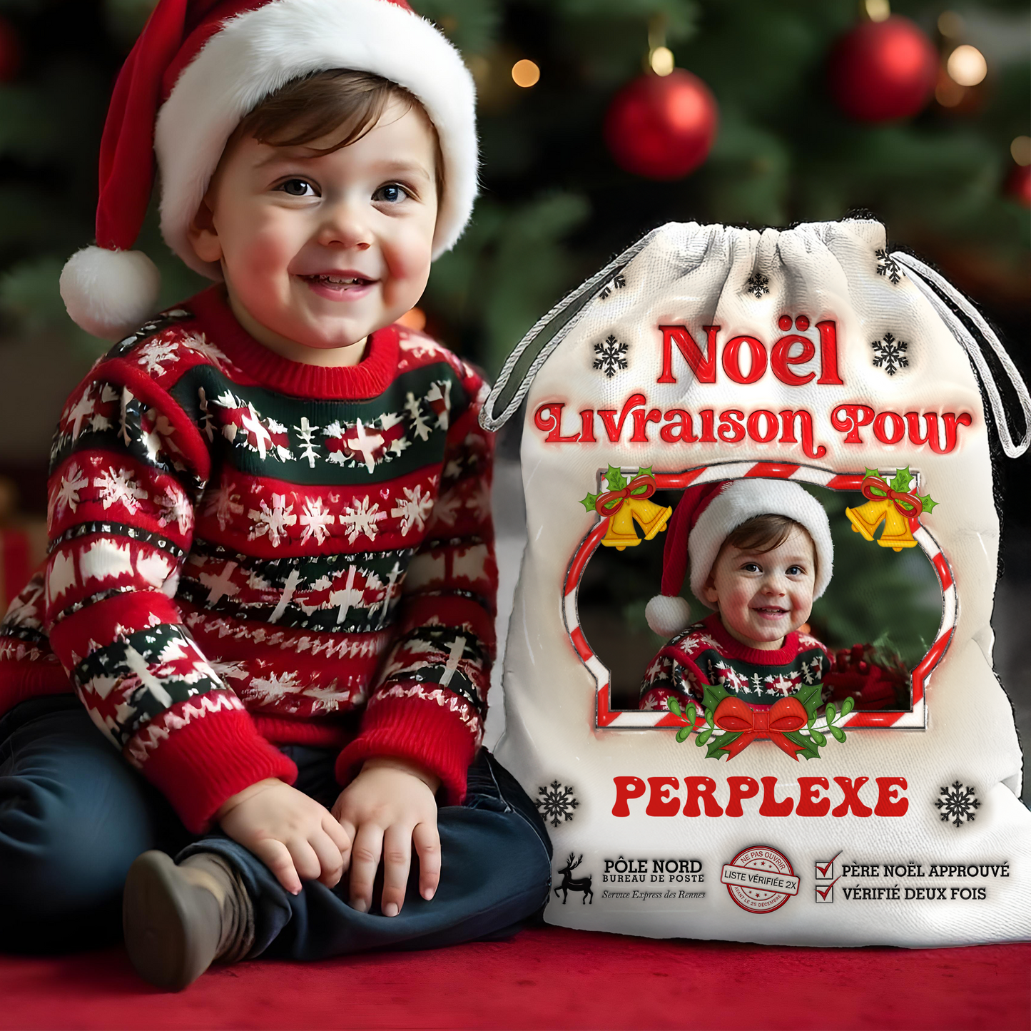 Hotte De Noël - Hotte Du Père Noël Personnalisée avec Nom et Photo - Sac Cadeau Personnalisé de Noël