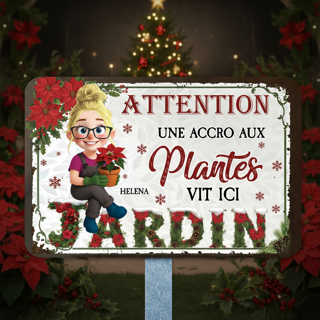 Attention ! Une Accro Aux Plantes Vit ici Bienvenue Au Jardin Noël – Plaque En Métal Personnalisée