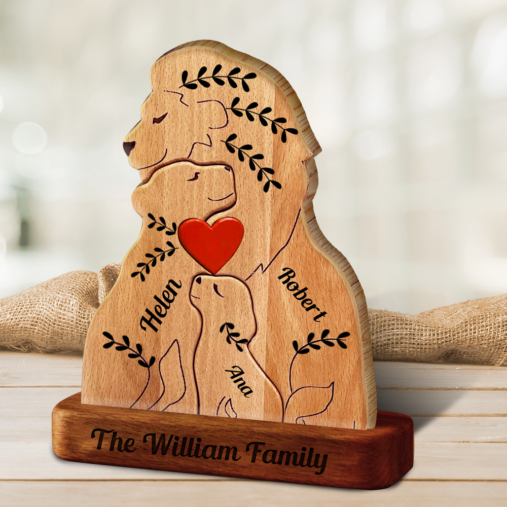 Famille de Lions Personnalisée au Style Unique - Puzzle Famille en Bois - Sculptures d'Animaux en Bois