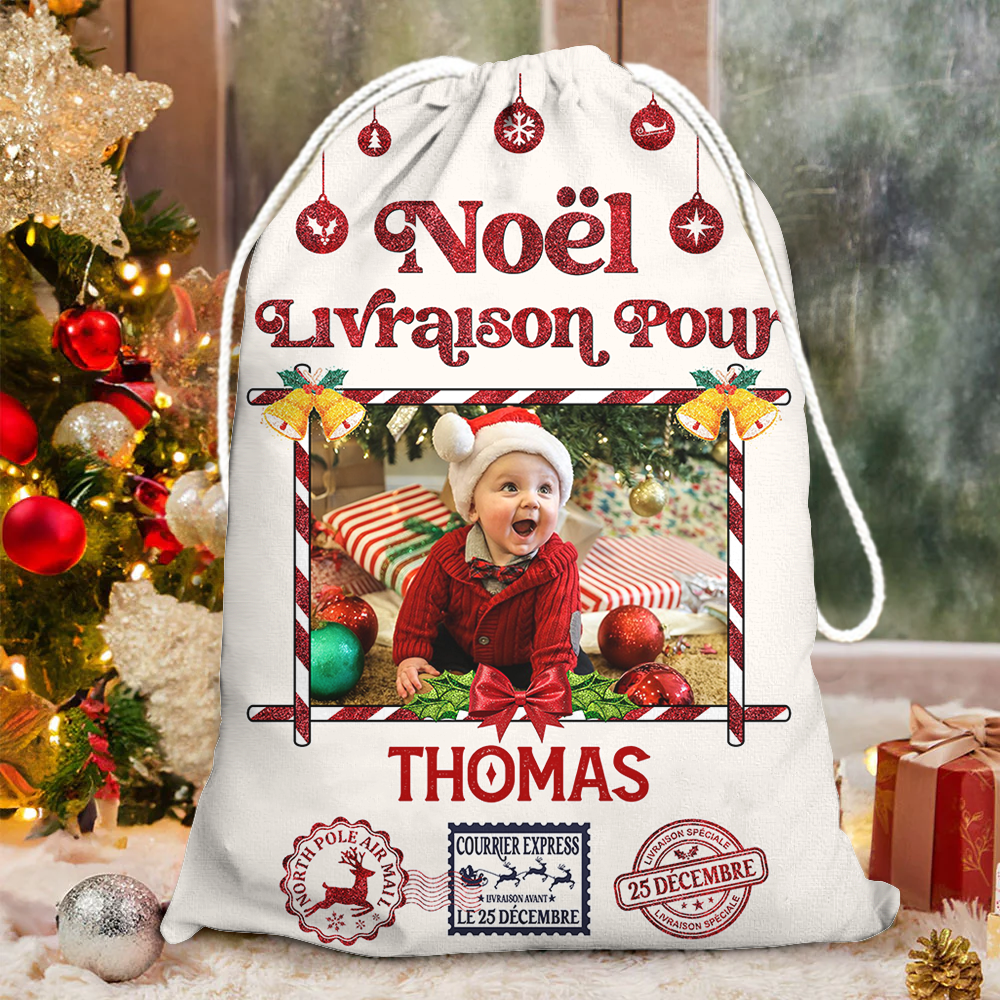 Hotte de Noël - Sac de Noël Personnalisé avec Photo et Nom - Sac du Père Noël Personnalisé