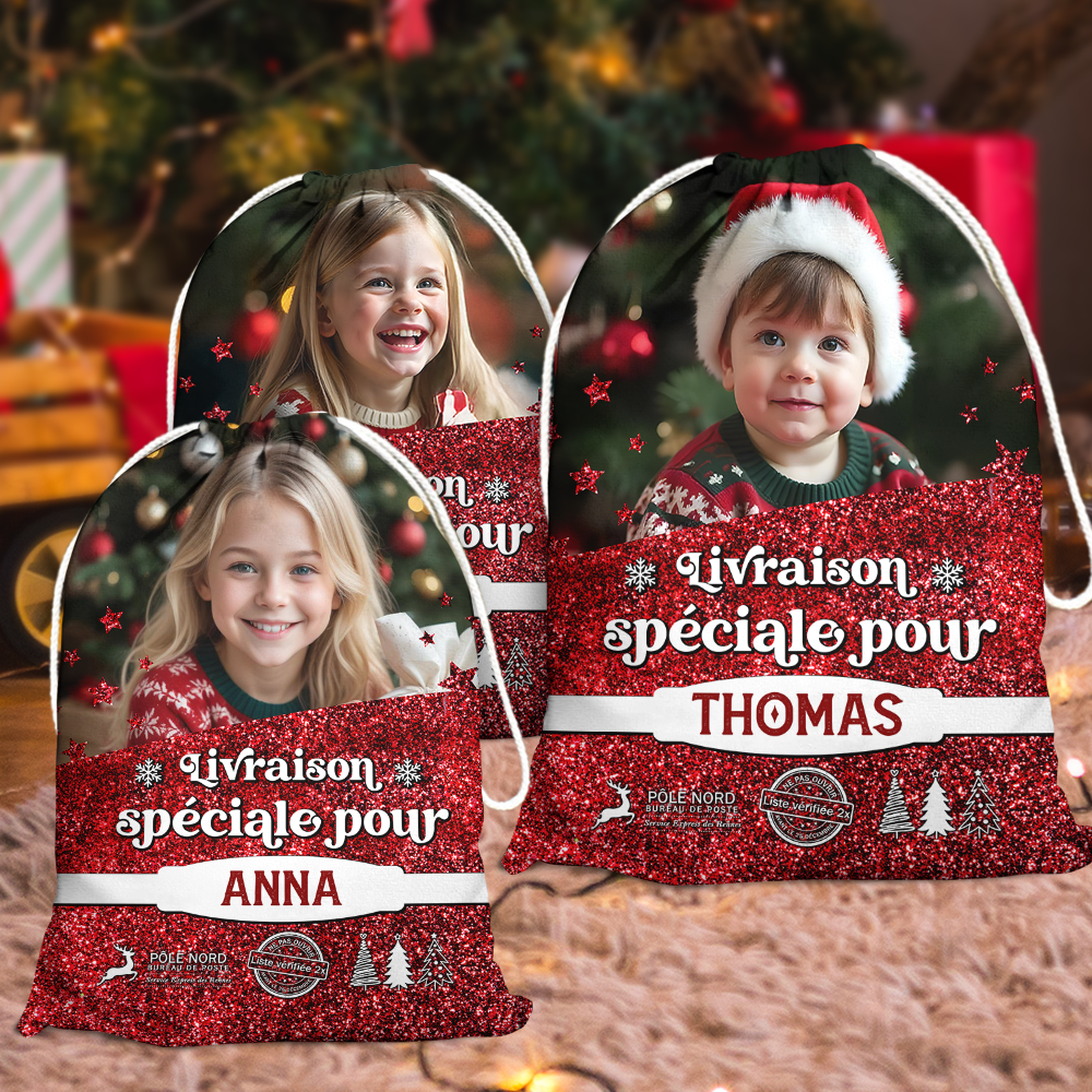 Hottes du Père Noël Personnalisées - Sac Cadeau de Noël Personnalisé avec Nom - Hotte Livraison du Père Noël