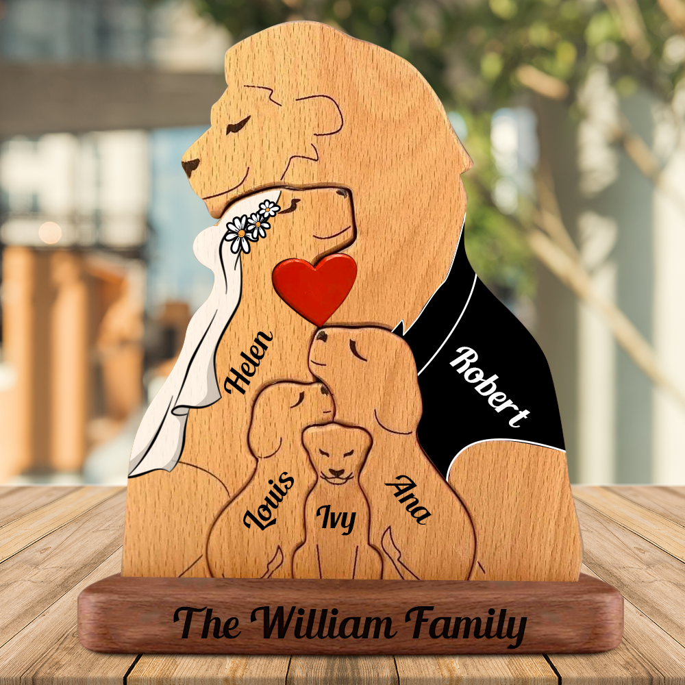 Famille de Lions Personnalisée au Style Unique - Puzzle Famille en Bois - Sculptures d'Animaux en Bois