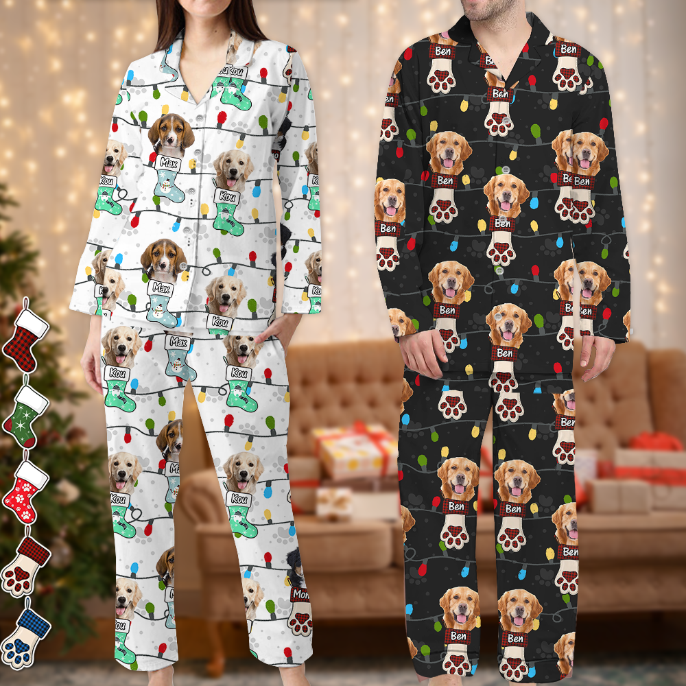 Pyjama Personnalisé avec Photo et Lumières de Noël - Ensemble de Pyjama Famille - Motif Lumières de Noël Assorti