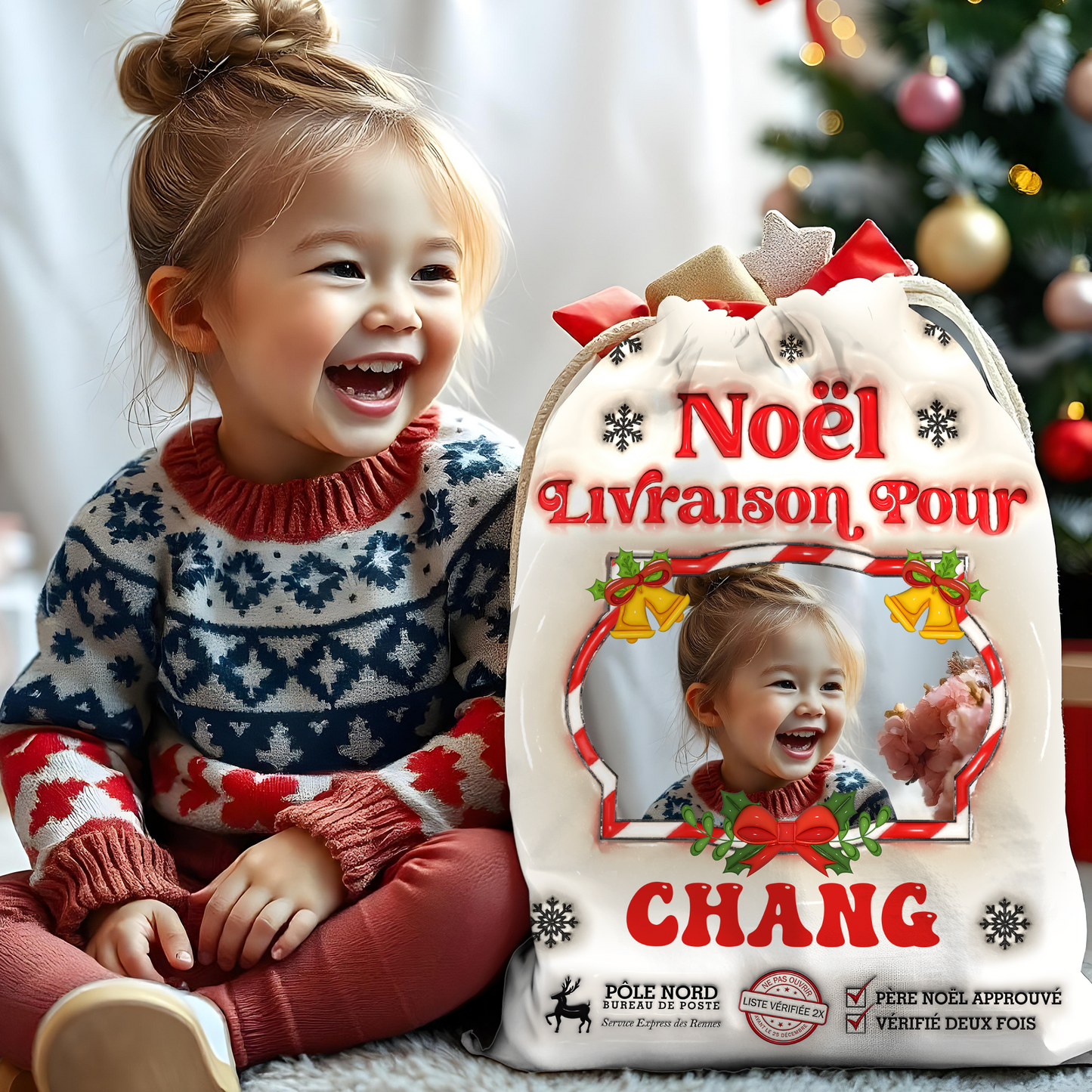 Hotte De Noël - Hotte Du Père Noël Personnalisée avec Nom et Photo - Sac Cadeau Personnalisé de Noël