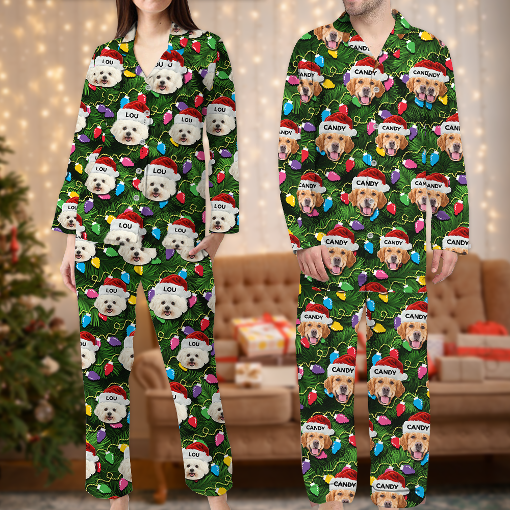 Ensemble de Pyjama de Noël avec Visage Personnalisé et Leds - Pyjama Personnalisé avec Photo de Famille - Cadeau de Noël