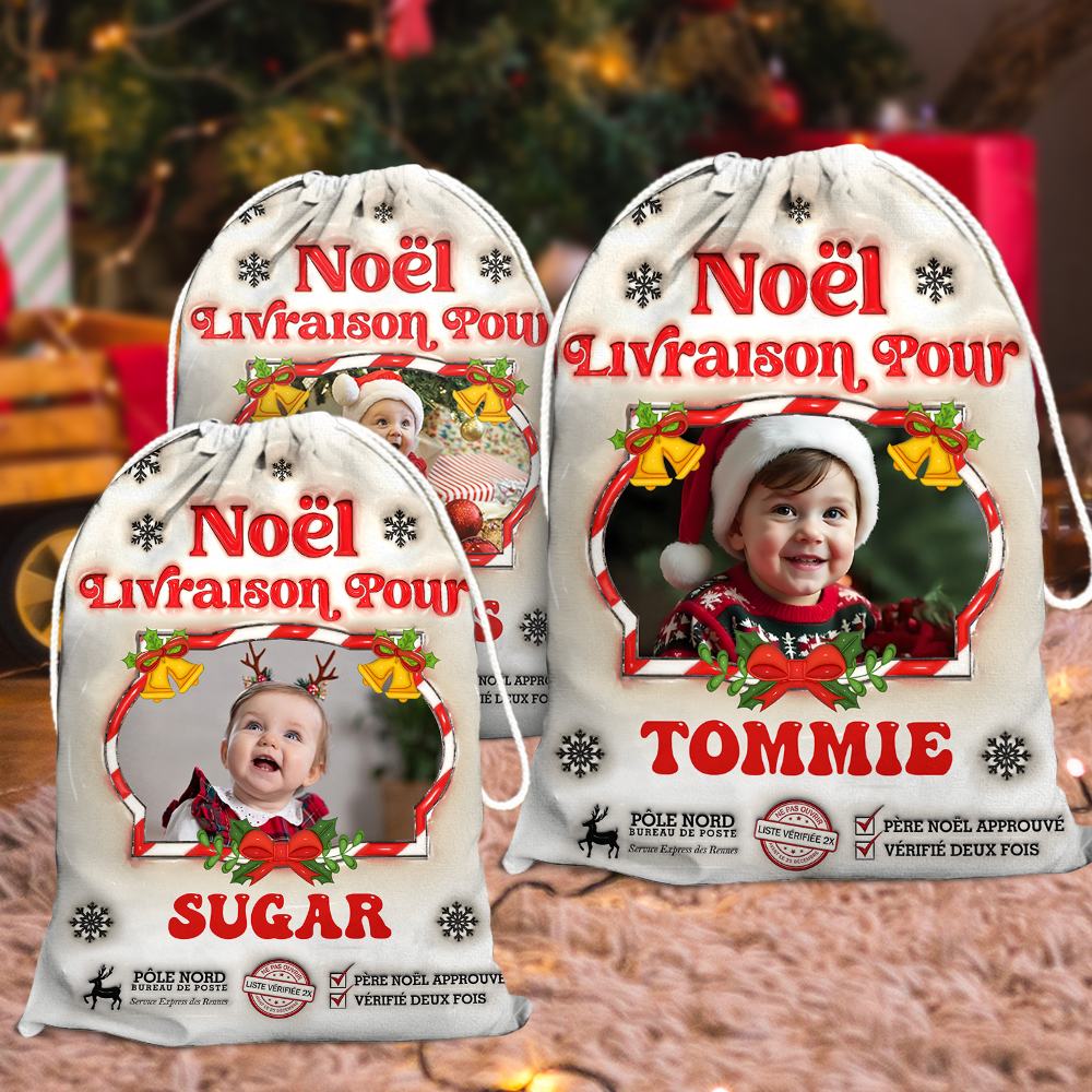 Hotte De Noël - Hotte Du Père Noël Personnalisée avec Nom et Photo - Sac Cadeau Personnalisé de Noël