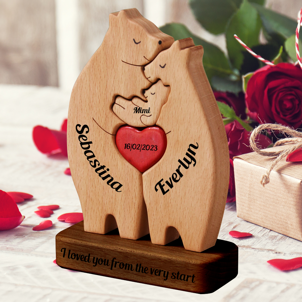 Famille Reliée par les Cœurs - Puzzle Famille d'Ours en Bois - Sculptures d'Animaux en Bois