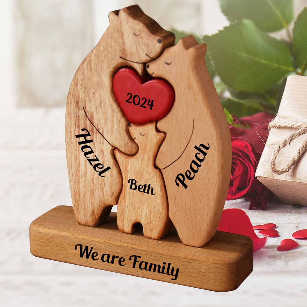 Famille Reliée par les Cœurs - Puzzle Famille d'Ours en Bois - Sculptures d'Animaux en Bois