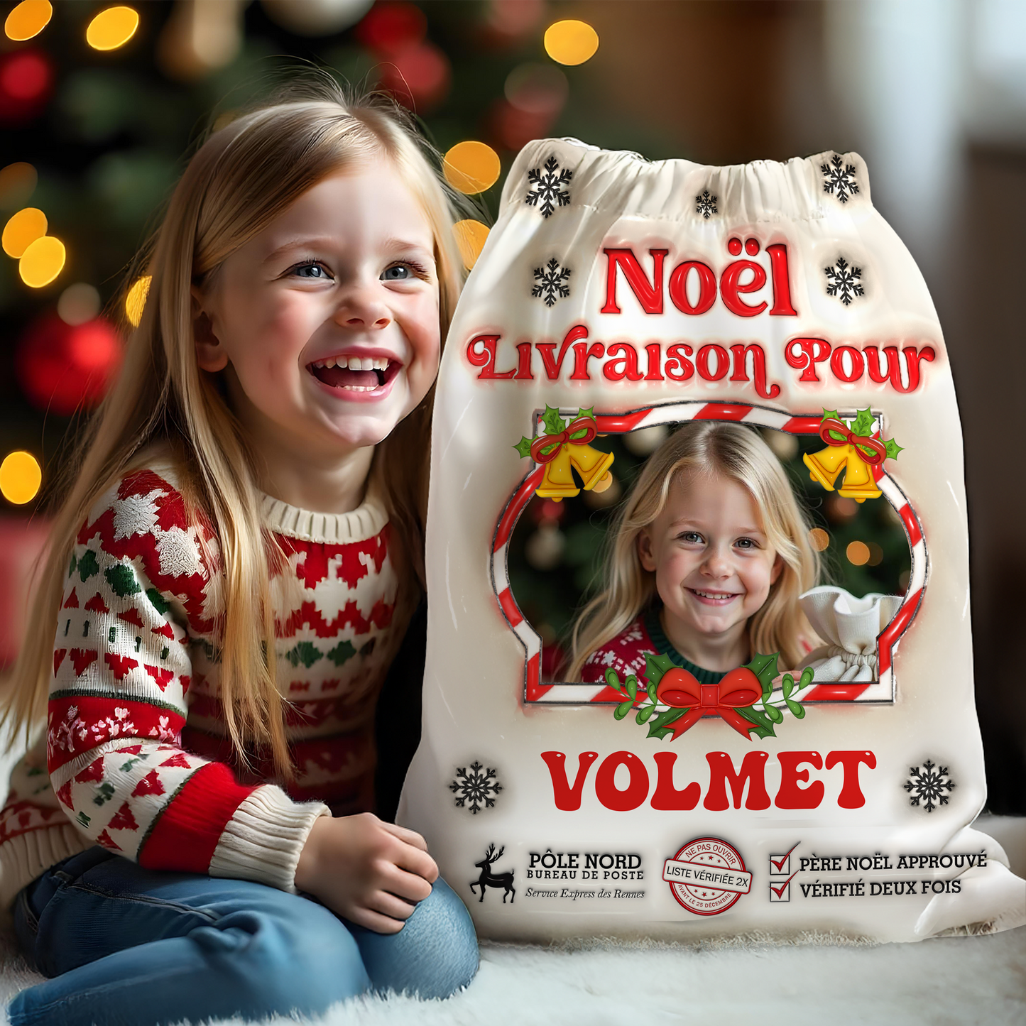 Hotte De Noël - Hotte Du Père Noël Personnalisée avec Nom et Photo - Sac Cadeau Personnalisé de Noël