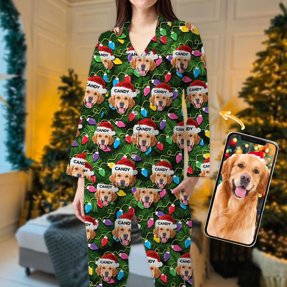 Ensemble de Pyjama de Noël avec Visage Personnalisé et Leds - Pyjama Personnalisé avec Photo de Famille - Cadeau de Noël