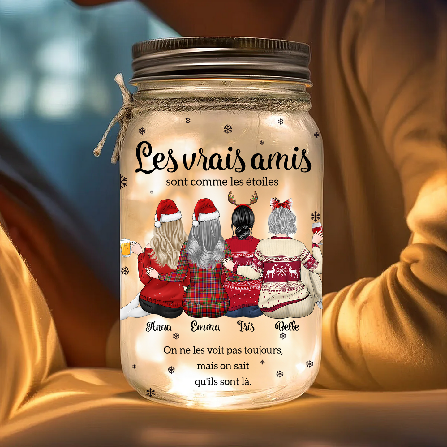 Lampe Personnalisée Pour Pot Mason Pour Amis/Amies - Les Vrais Amis Sont Comme Les Étoiles Décoration Bouteille Lumineuse - Cadeau de Noël pour Amis