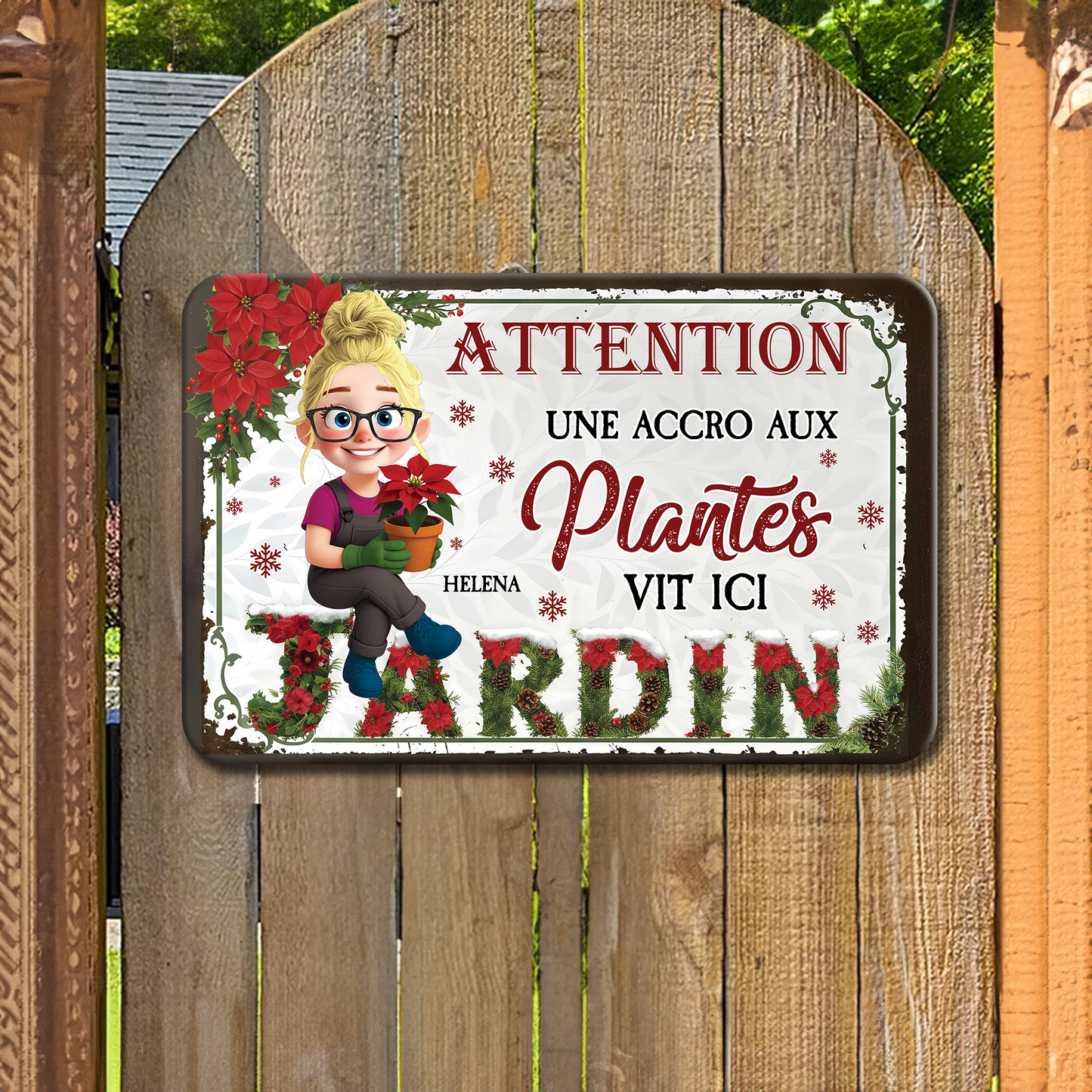 Attention ! Une Accro Aux Plantes Vit ici Bienvenue Au Jardin Noël – Plaque En Métal Personnalisée