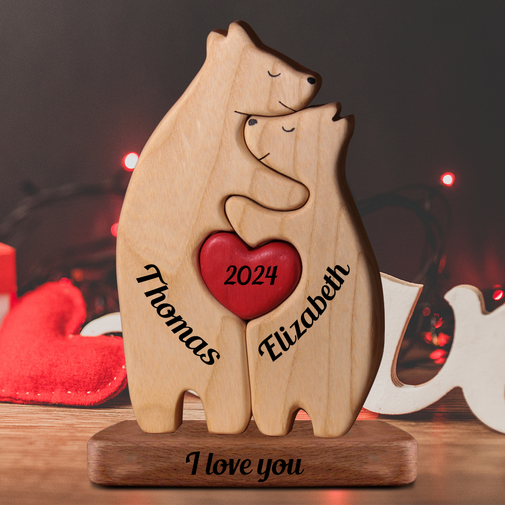 Famille Reliée par les Cœurs - Puzzle Famille d'Ours en Bois - Sculptures d'Animaux en Bois