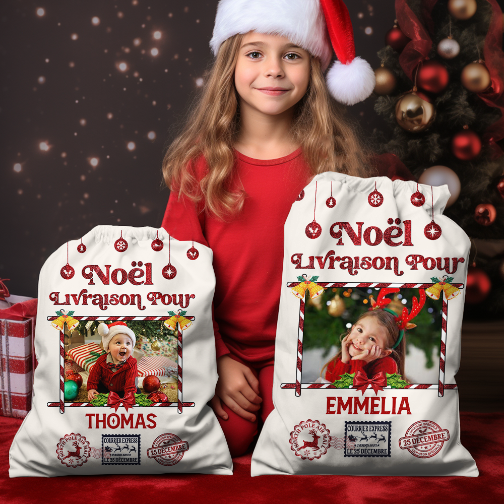 Hotte de Noël - Sac de Noël Personnalisé avec Photo et Nom - Sac du Père Noël Personnalisé